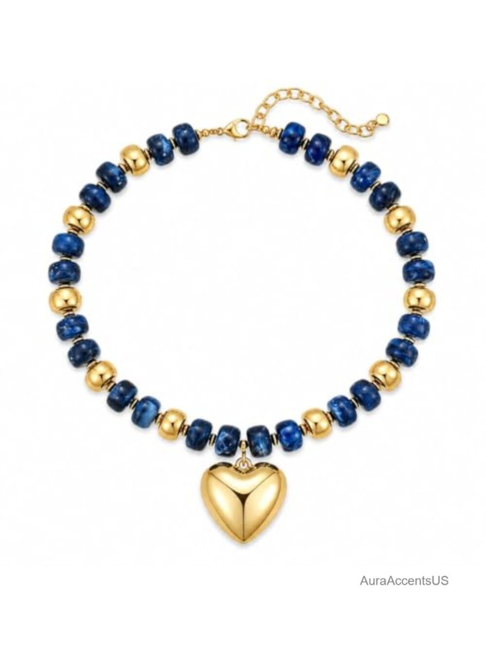 Chunky Beaded Necklace with Gold Tone Heart Pendant